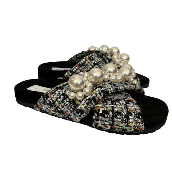 Steve Madden Shoes - Steve Madden Aleya Slides Slip On Flats Tweed Pearl Embellishments